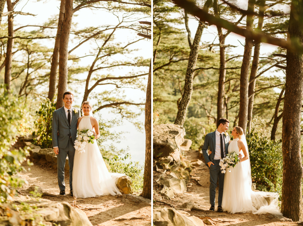 Bride and groom standing side-by-side on a dirt trail with the sun streaming through surrounding tall trees at Sunset Rock