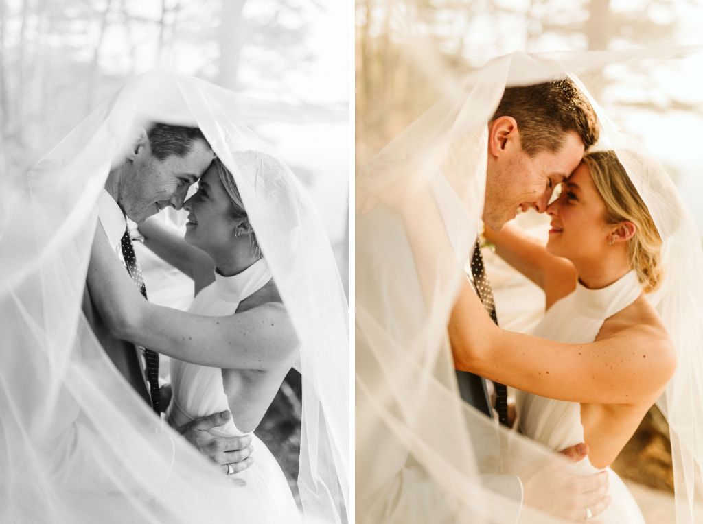 Bride and groom snuggle nose-to-nose under bride's veil at Sunset Rock in Chattanooga, Tennessee