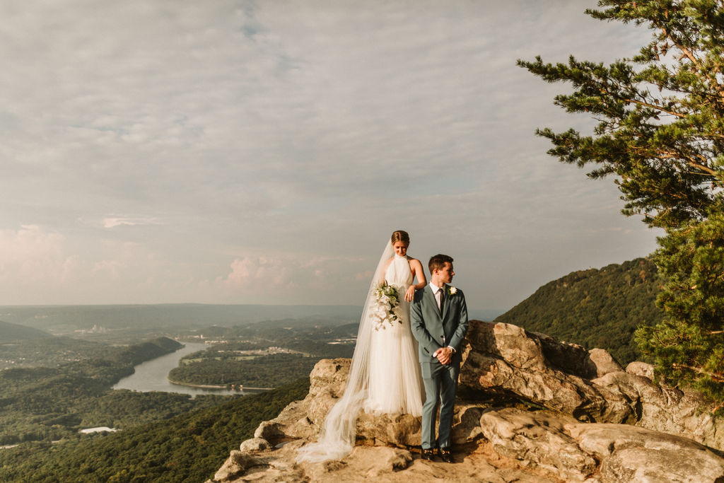 Bride and groom American Gothic portrait at Sunset Rock on Lookout Mountain wedding in Chattanooga, Tennessee
