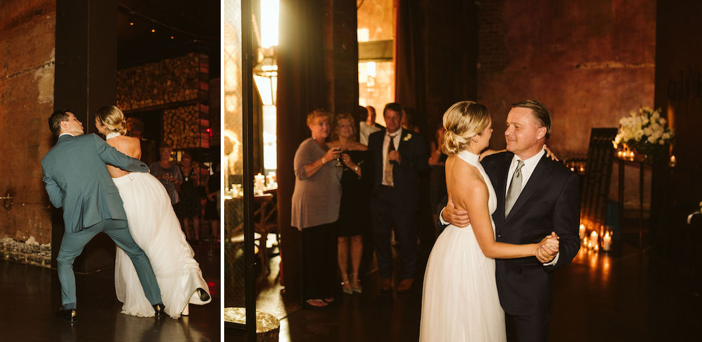Bride and her father enjoy a dance together while wedding guests watch