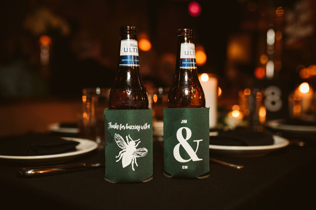 Personalized green wedding koozies with bumblebee printed on side