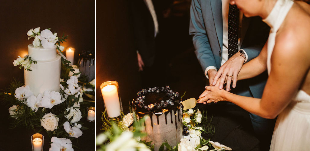 Simple wedding cake surrounded by white flowers and candles, elegant groom's cake with chocolate ganache and berries on top