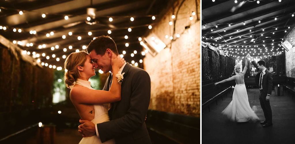 Bride and groom share a private dance outdoors under patio string lights at the end of their downtown Chattanooga wedding