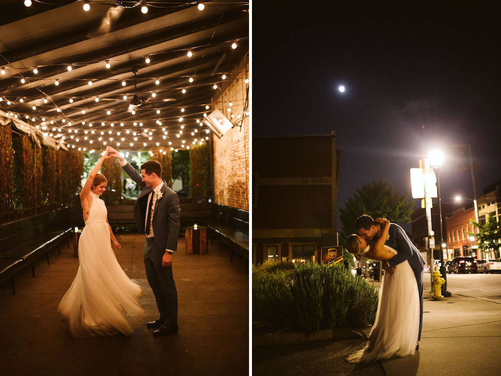 Bride and groom share a private dance outdoors under patio string lights at the end of their downtown Chattanooga wedding