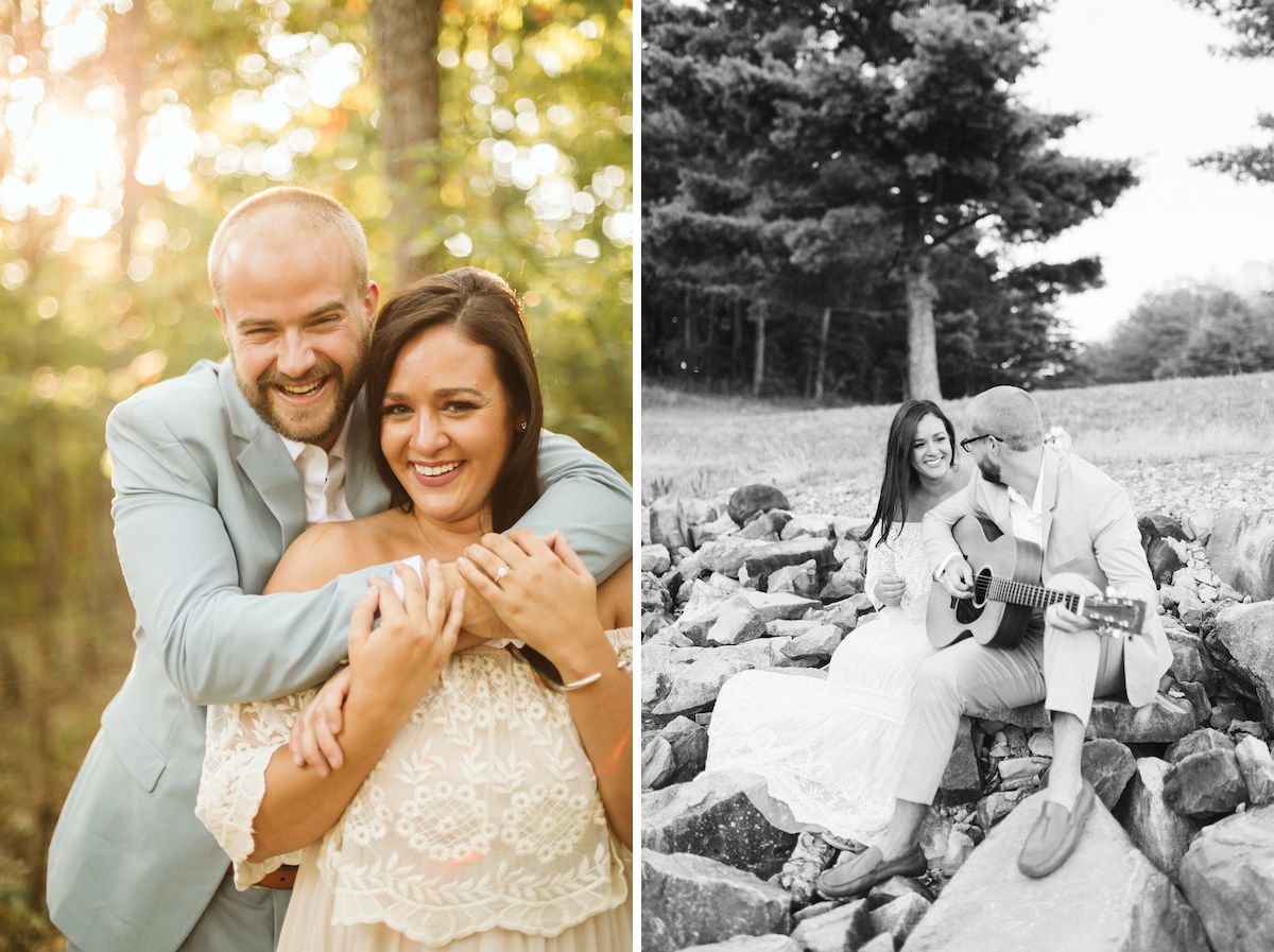 Man leans over woman's shoulder, hugging her, while they both smile