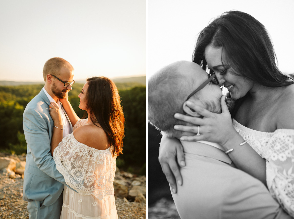 Man in light blue suit picks up woman in flowing lacy white dress with rolling Tennessee Valley hills behind them