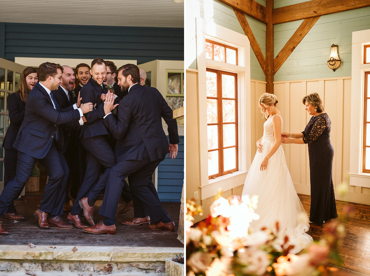 Groomsmen gather around the groom on a porch, pushing him and laughing. They all wear dark suits and brown leather shoes.
