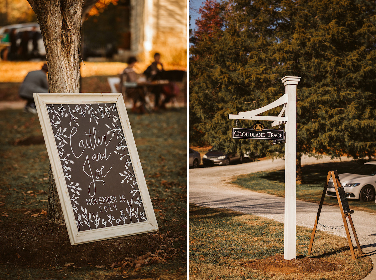 Large black chalkboard with white words announce the wedding and date