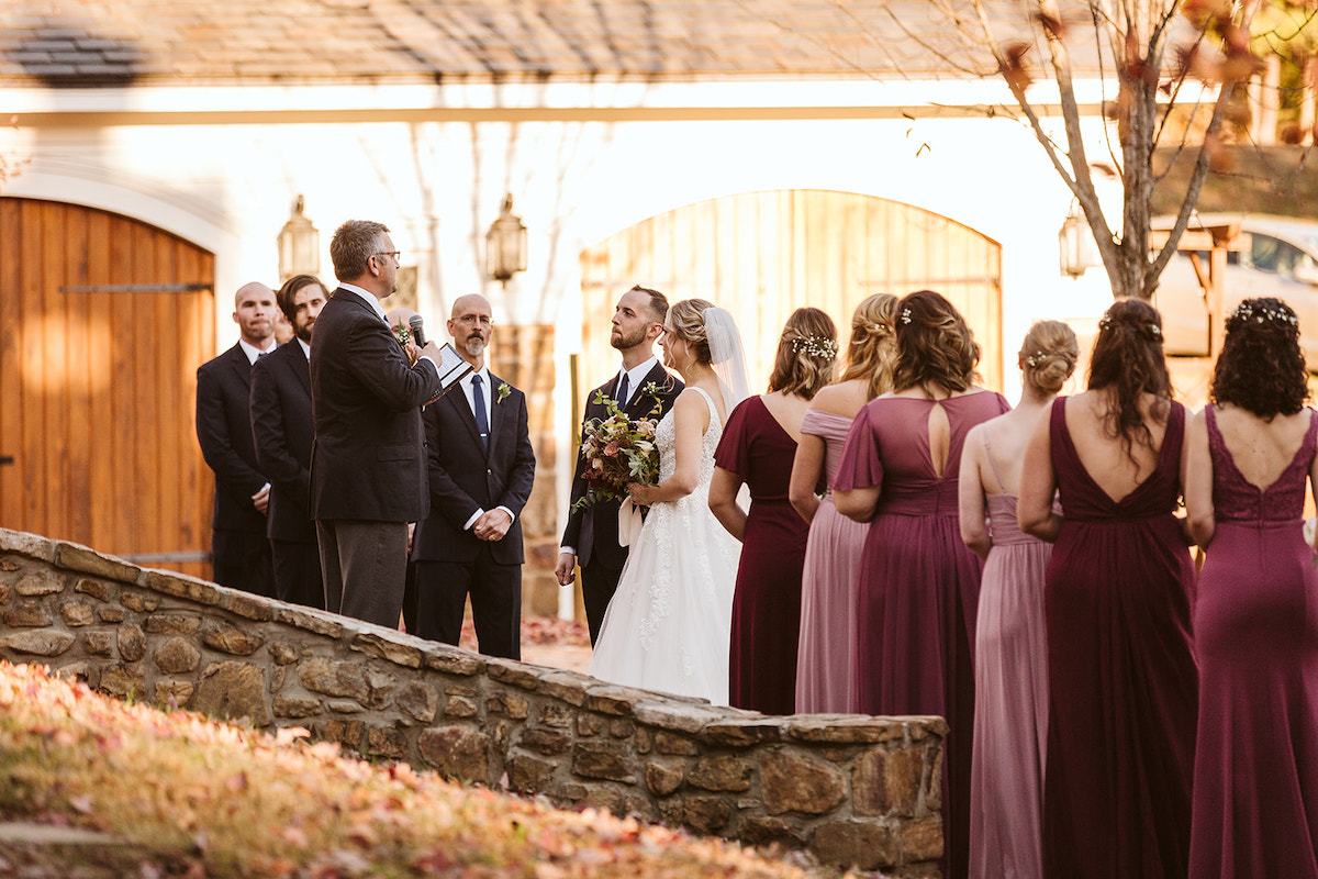 Bride and groom stand between their bridesmaids and groomsmen as officiant speaks into the microphone