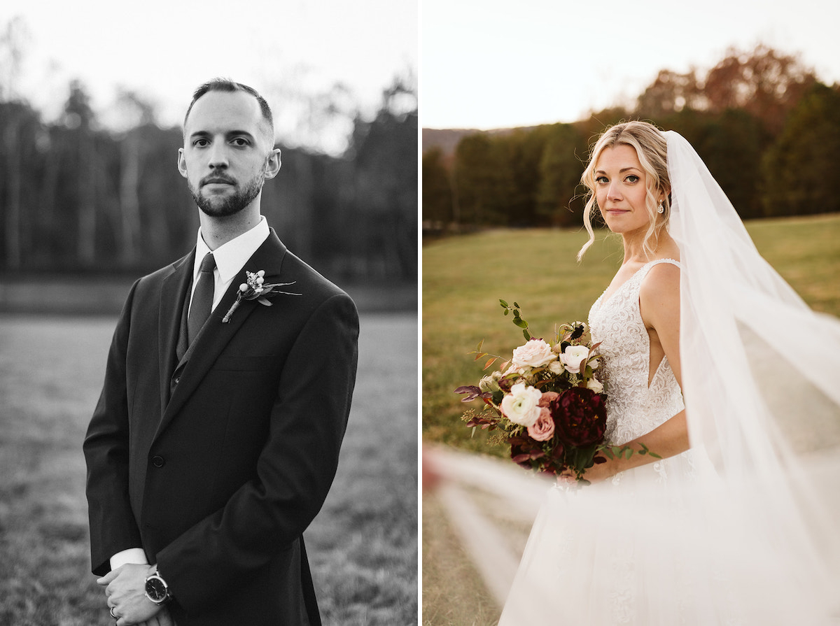 Bride and groom portraits in a wine grass field. She holds a bouquet of maroon and white flowers.