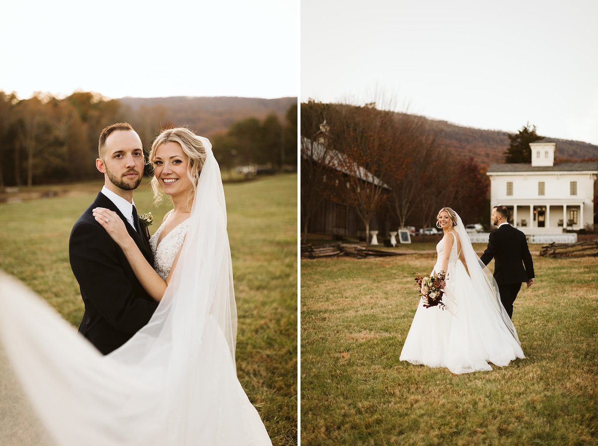 Bride and groom in a green field with Lookout Mountain behind them. Her hand is on his shoulder, her veil surrounds them.