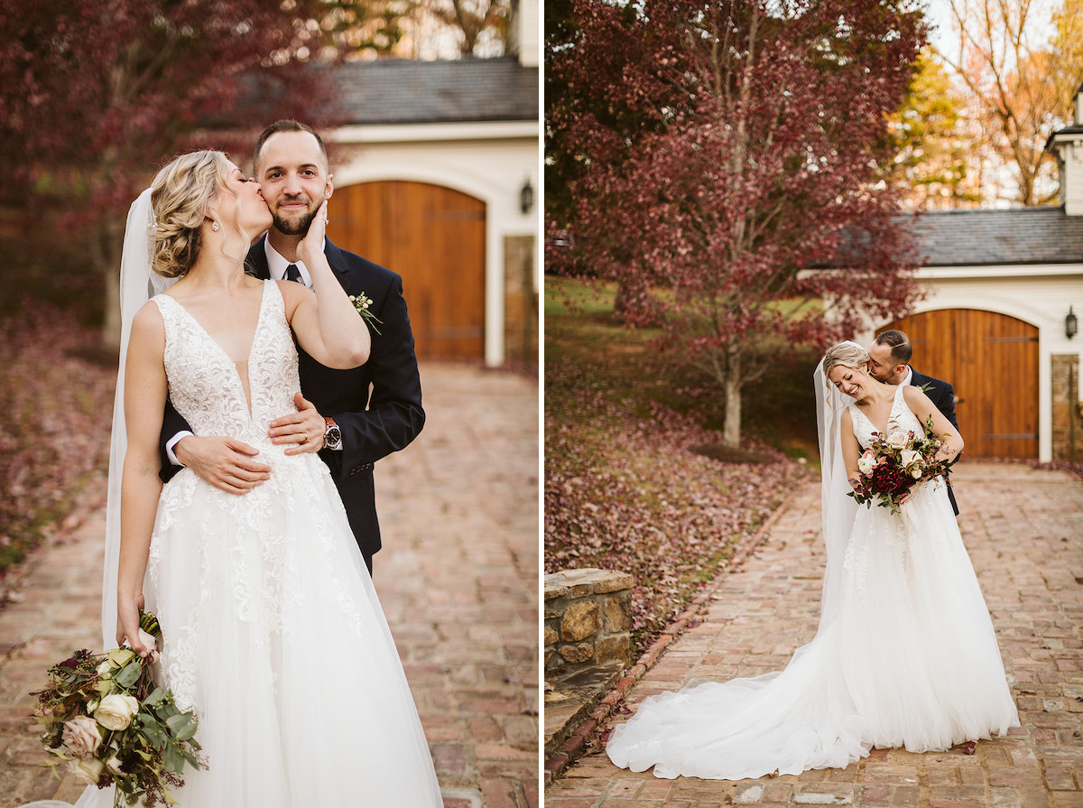 Bride and groom kiss on antique brick carriage path in front of carriage house at The Homestead at Cloudland Station
