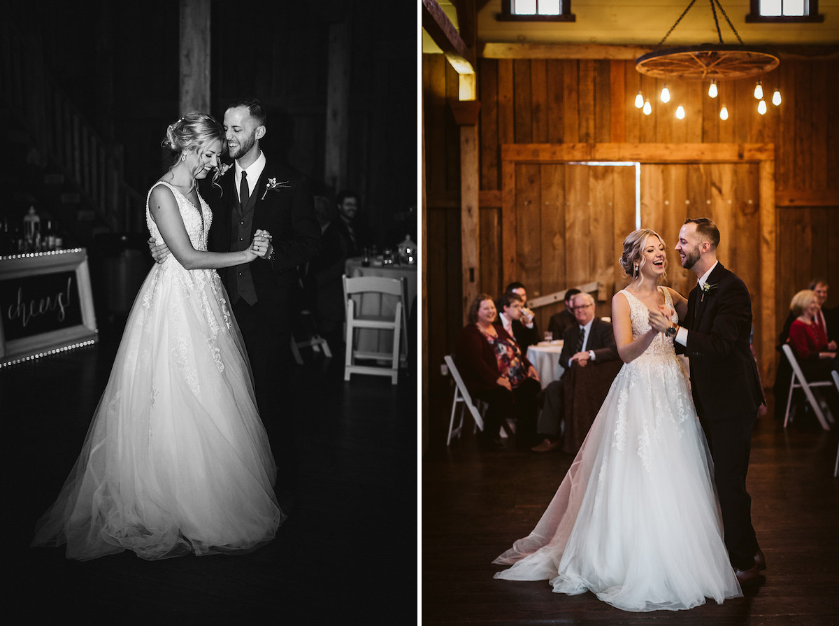Bride and groom laugh together during their first dance. Guests watch from round tables.