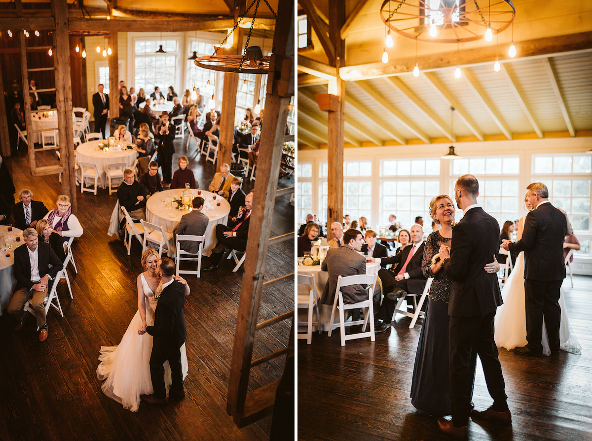 Groom dances with his mother while bride dances with her father under open rafters of The Homestead at Cloudland Station