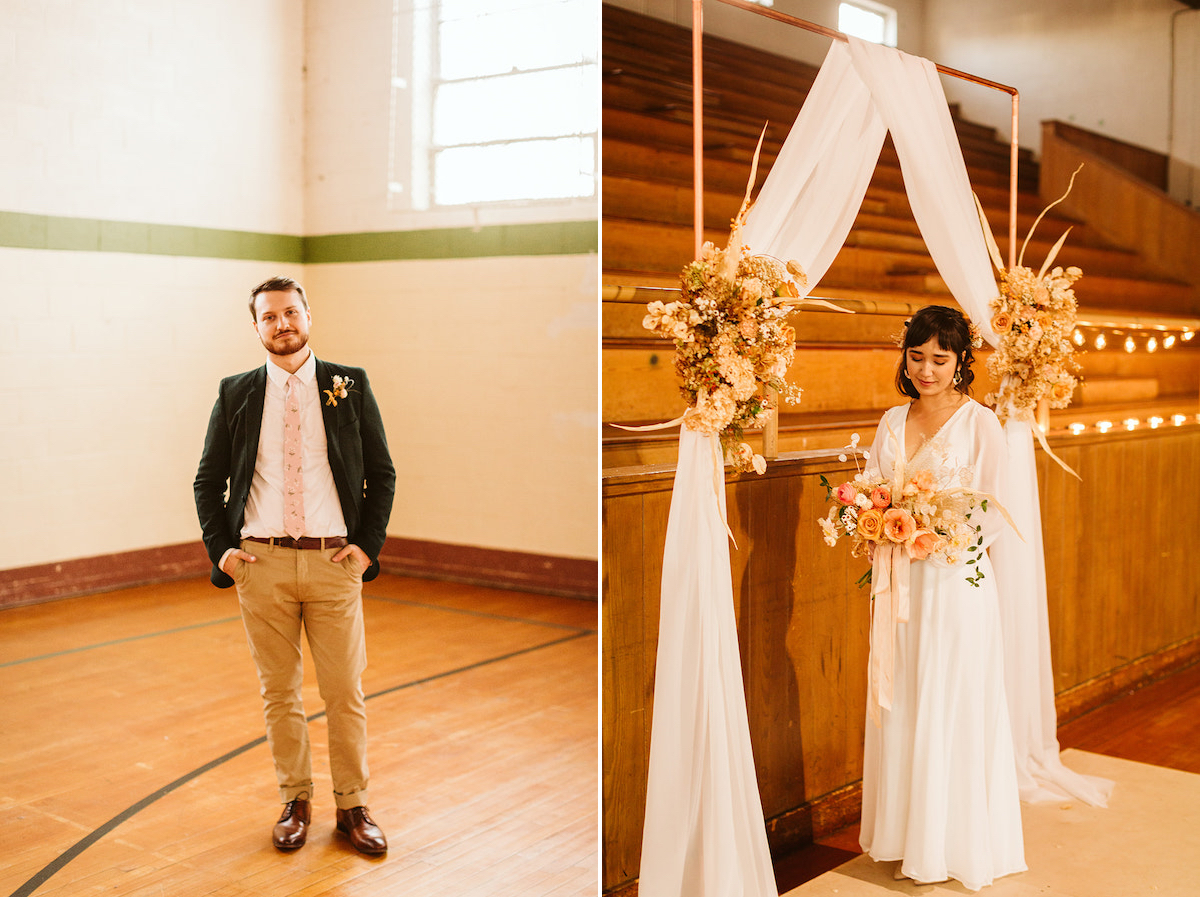 Groom in khakis, pink tie, and sport coat and bride in simple, long-sleeve white dress below simple copper pipe wedding arch