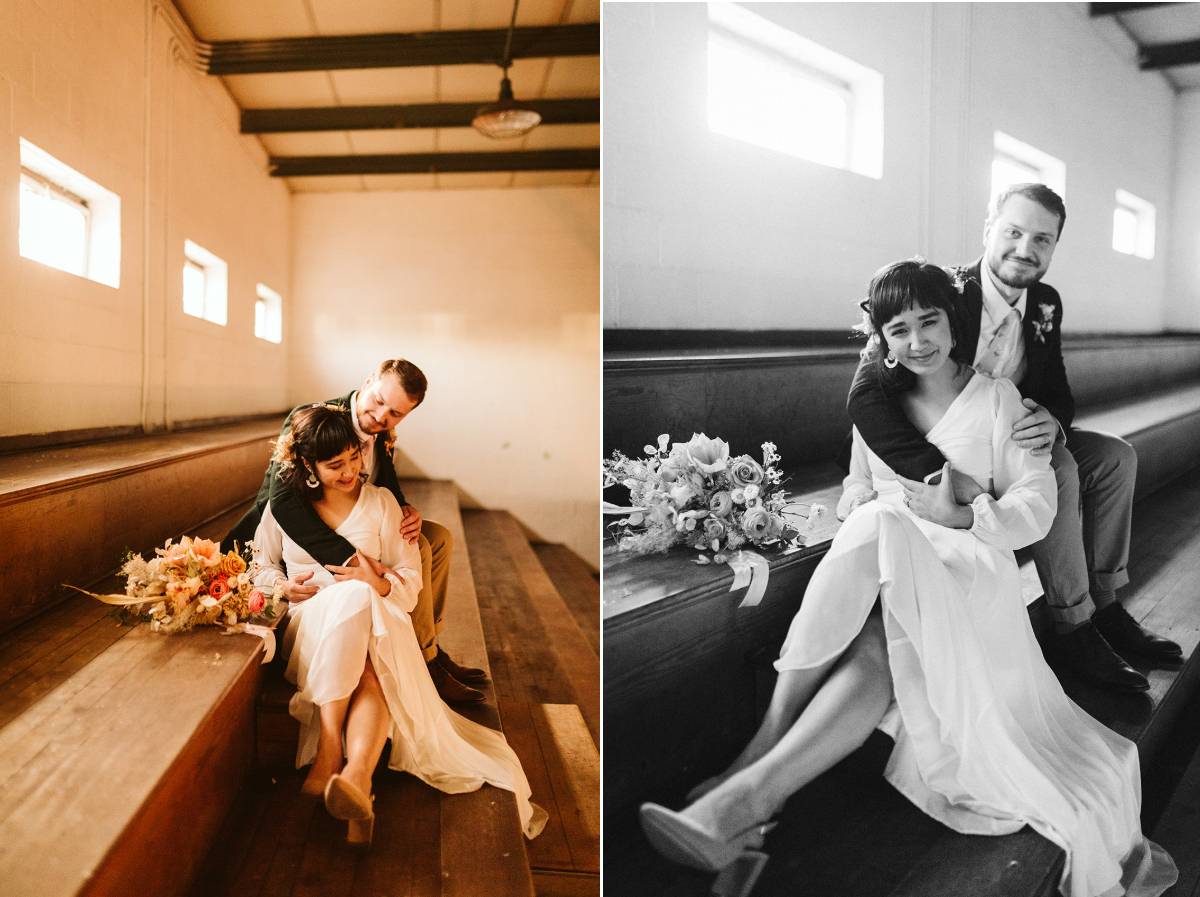 bride and groom snuggle on wooden gymnasium bleachers with her Southerly Flower Farm bouquet next to them
