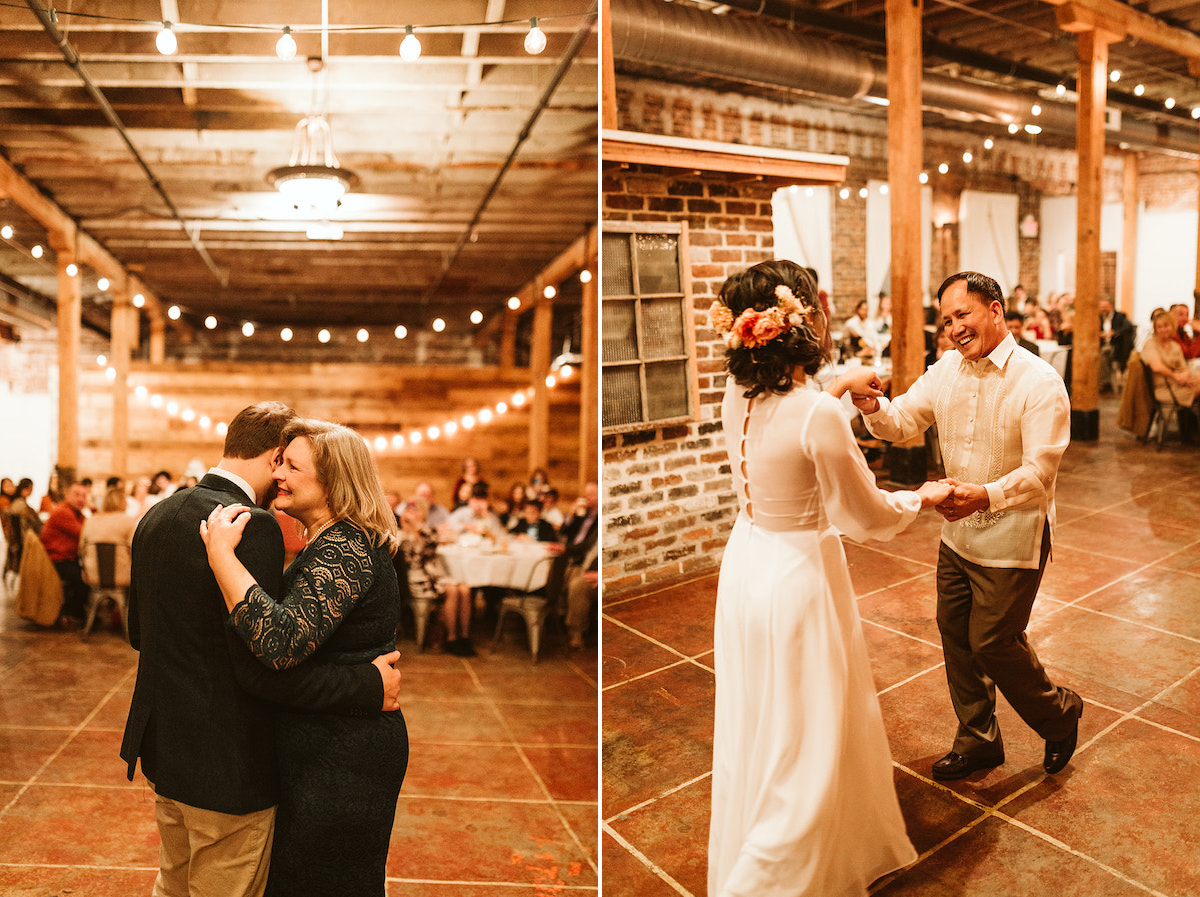 Groom and mother dance while bride and father dance under exposed rafters and beams at The Old Woolen Mill in Cleveland, TN