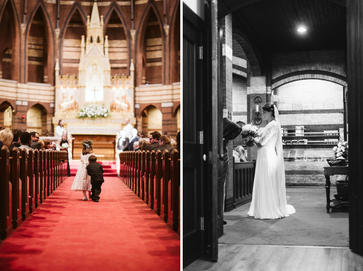 Bride waits at the back of red-carpeted aisle while flower girl and ring bearer walk toward altar