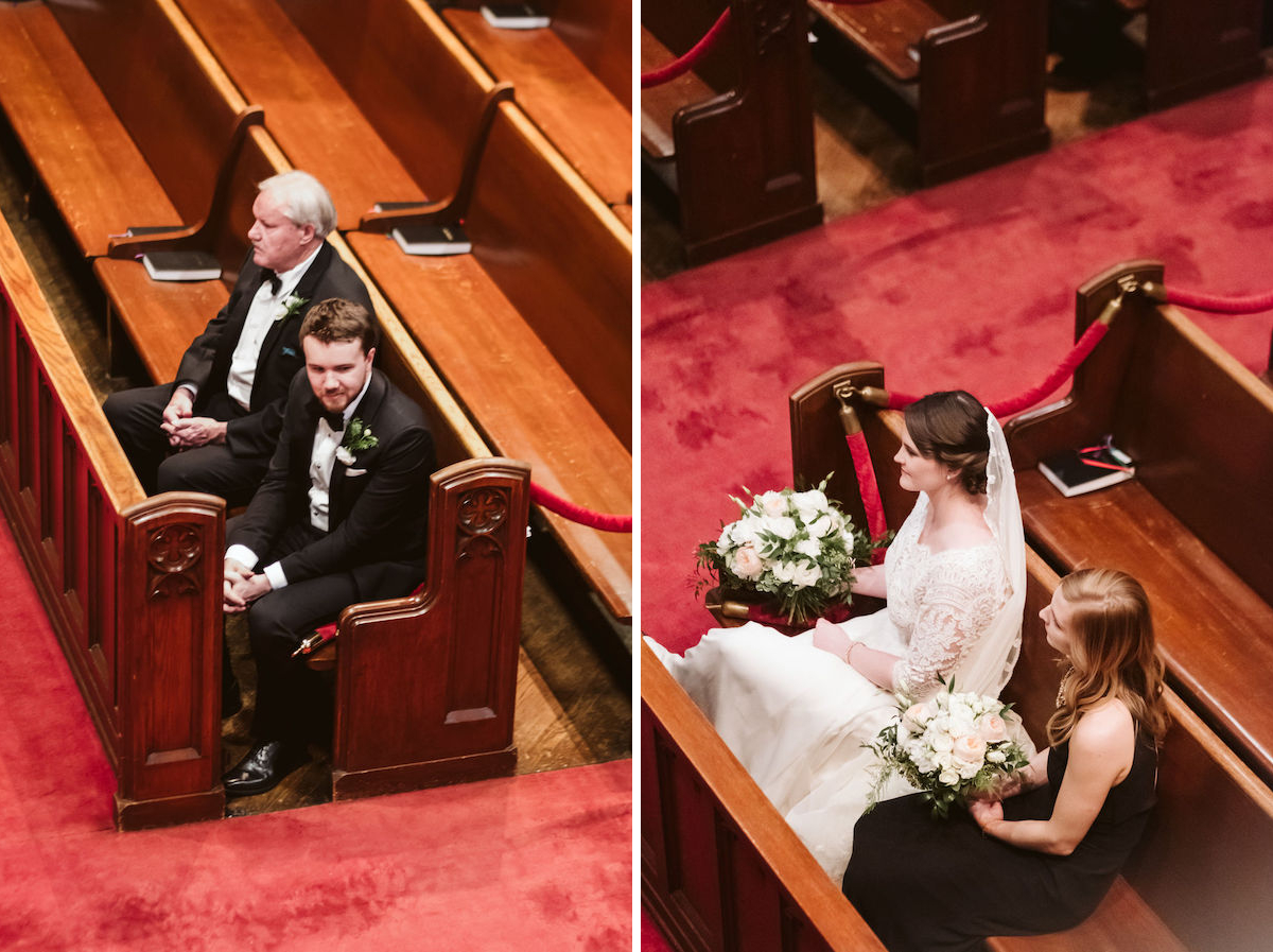 Bride and groom sit in wooden pews across the red-carpeted aisle during their wedding ceremony at St. Pauls Episcopal Church
