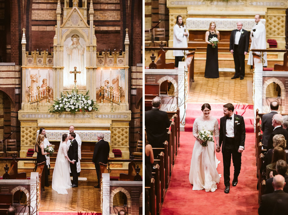 Bride and groom kiss at the altar in front of priest at their St. Paul's Episcopal Church wedding in downtown Chattanooga