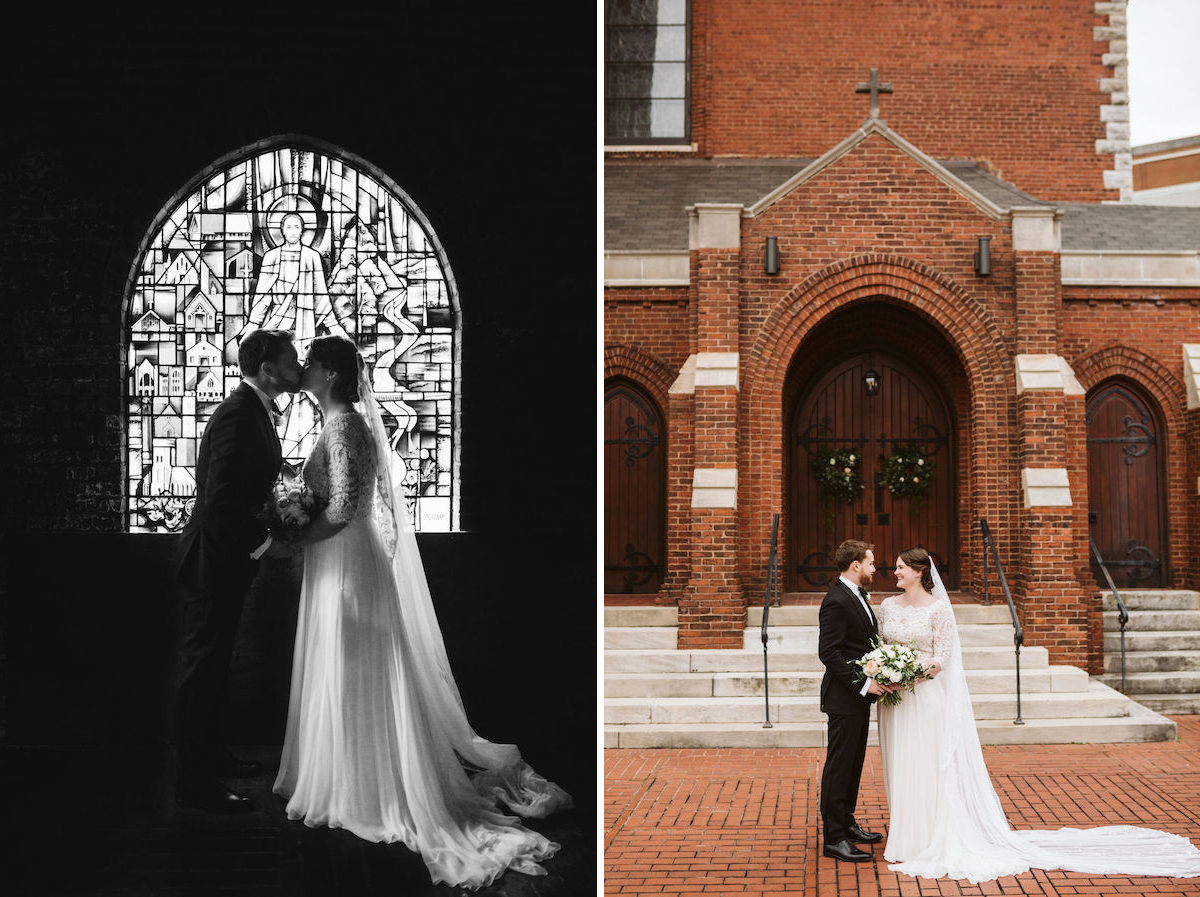 Bride and groom kiss in front of stained glass window