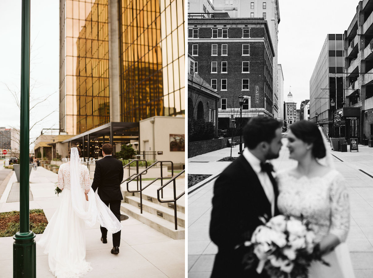 Bride and groom walk the sidewalk in Chattanooga's West Village