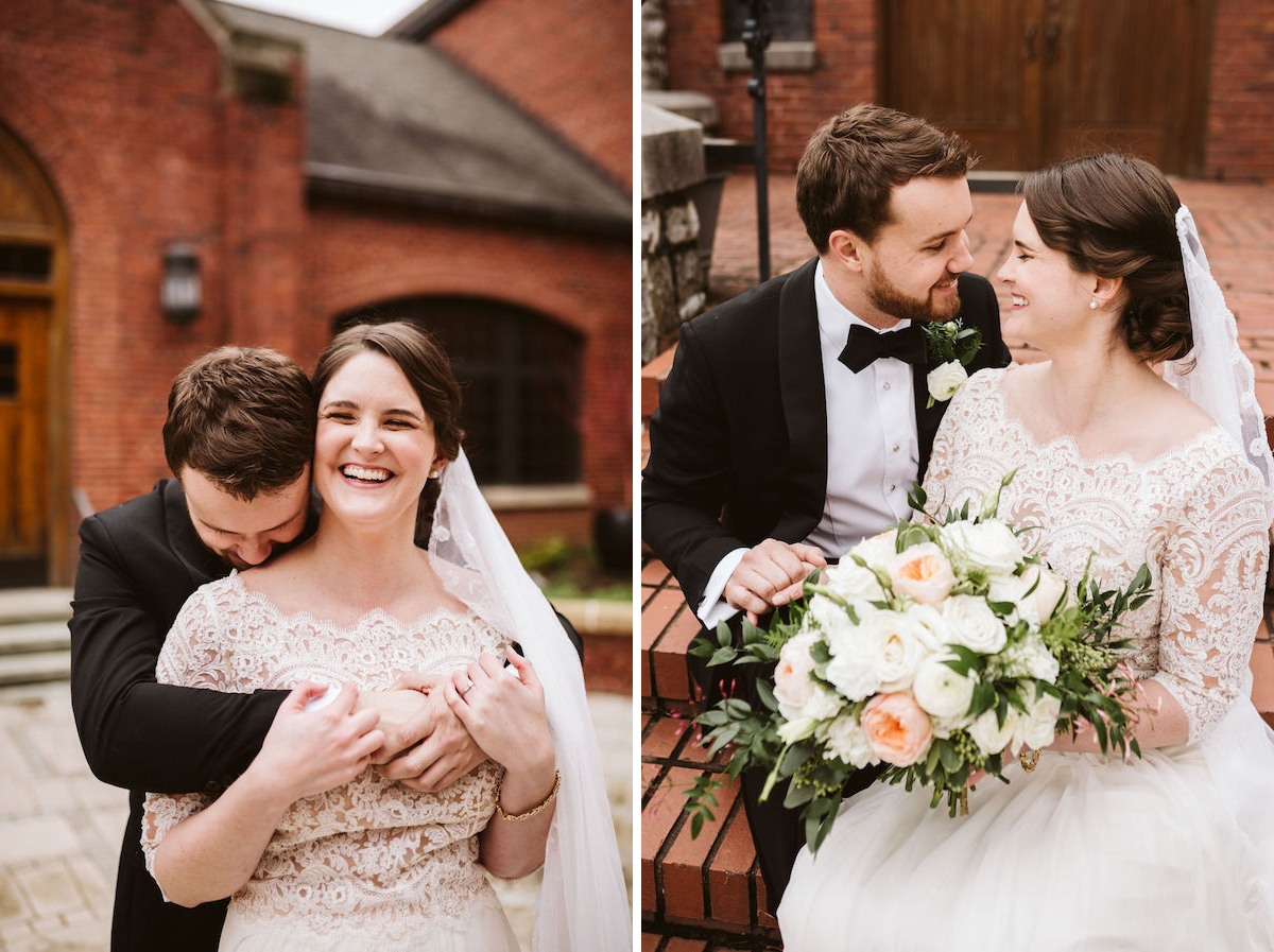 Bride and groom cuddle on brick steps. She wears a white lace bodice gown and holds a bouquet of white and peach flowers