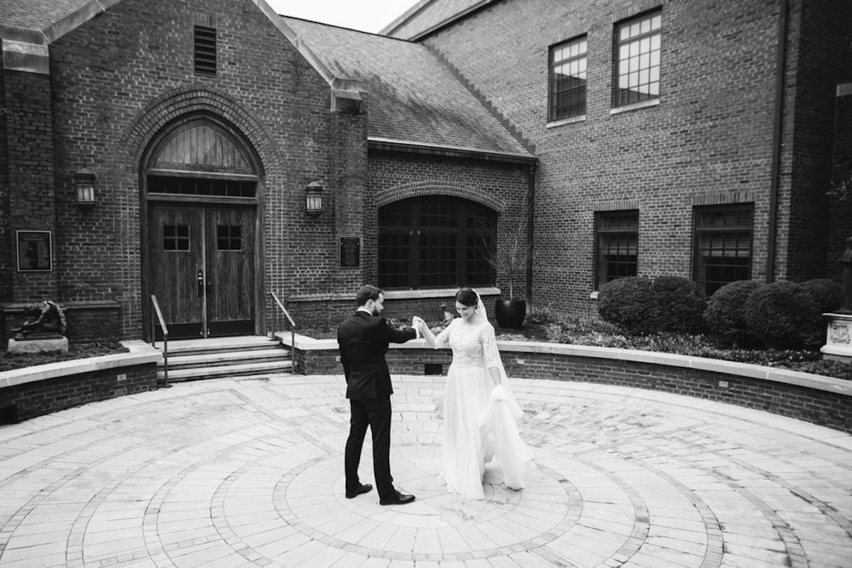 Bride and groom take a turn around the labyrinth at St Paul's Episcopal Church in downtown Chattanooga
