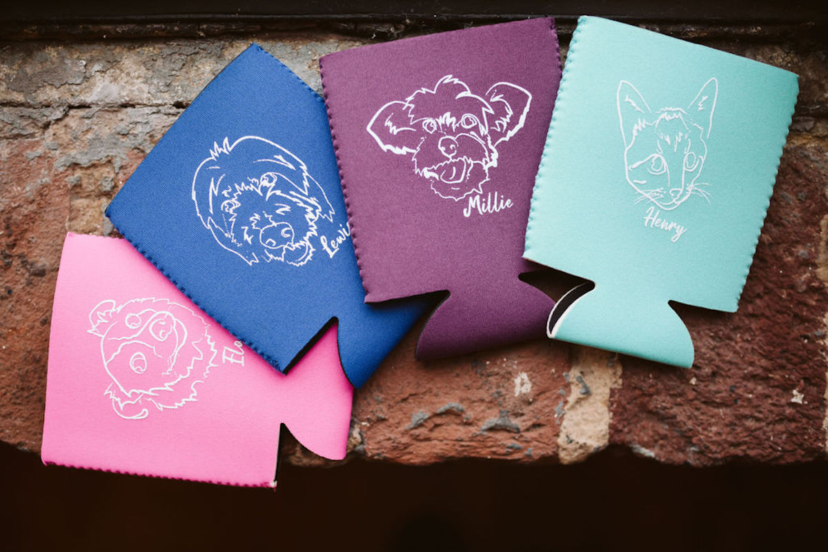 Colorful customized koozies with white sketches of pet faces and names
