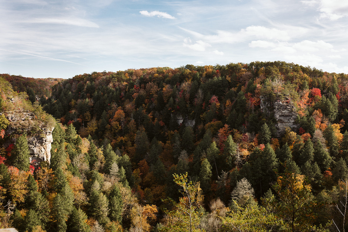 green, orange, and red fall colors on trees on several ridges at Fall Creek Falls State Park in Tennessee
