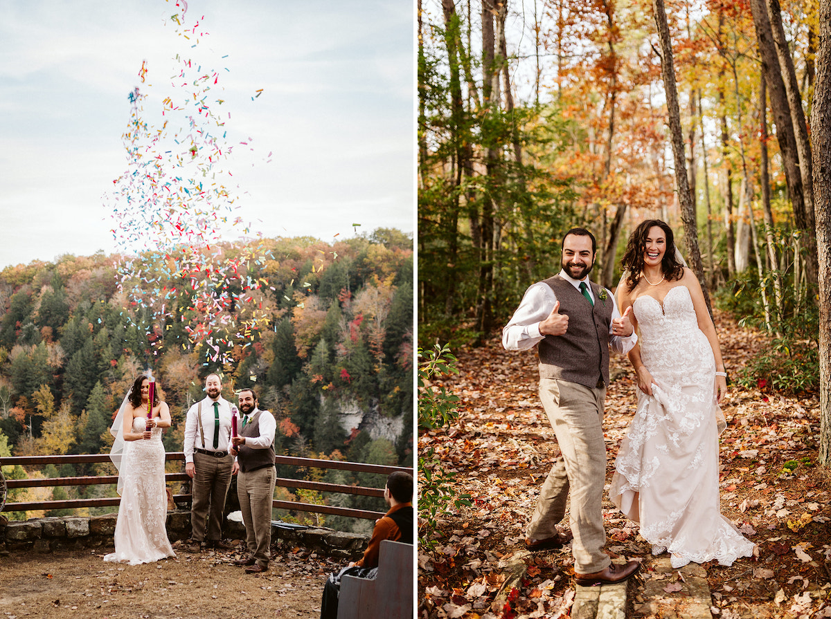 bride and groom shoot off confetti cannons toward their wedding guests at their autumn wedding at Fall Creek Falls overlook