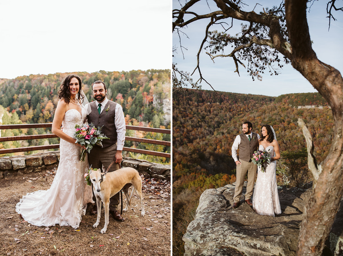 Bride and groom stand with tan greyhound near wooden fence with fall foliage behind them at Fall Creek Falls