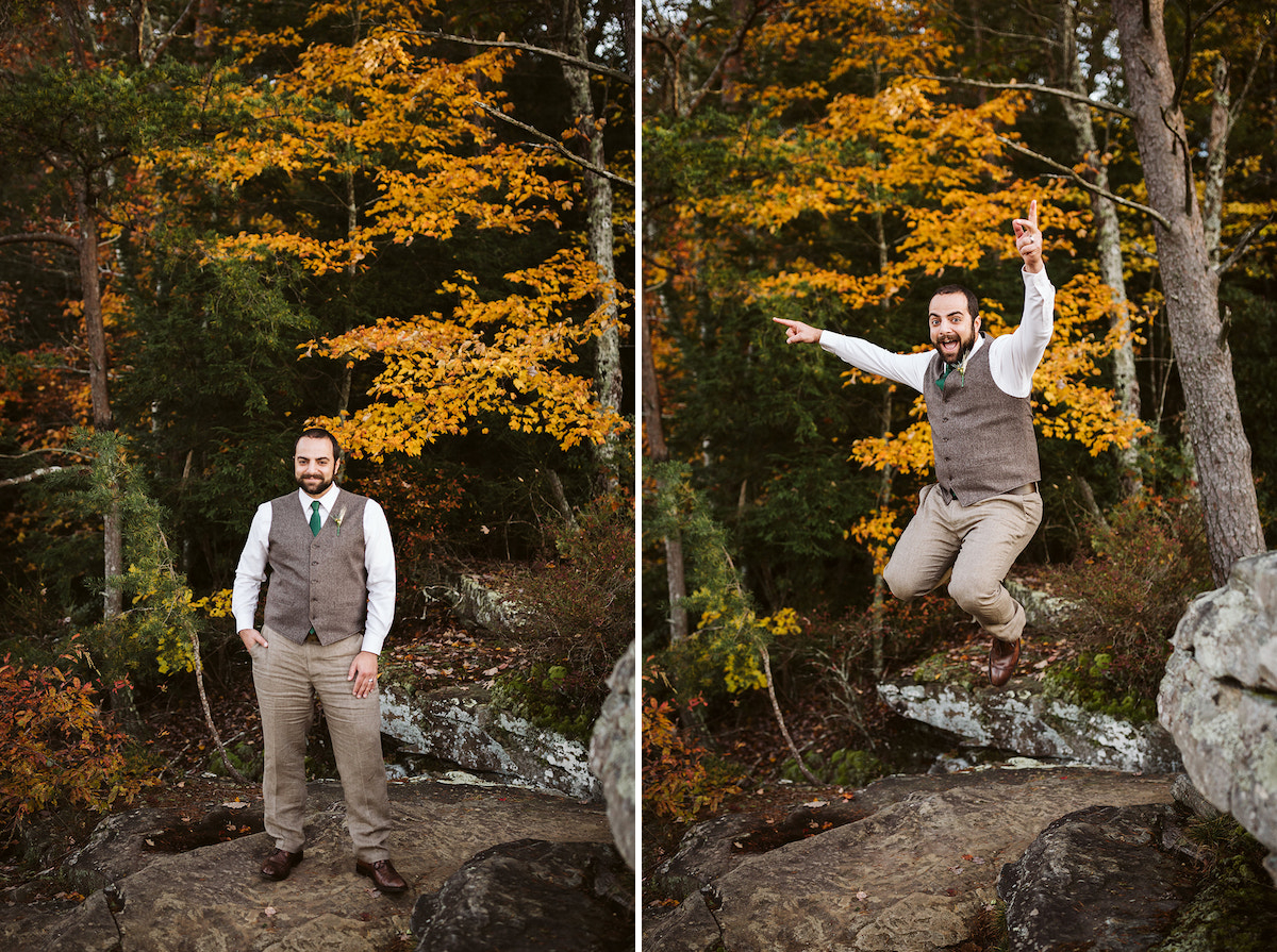 groom wears a brown vest and green tie and jumps off large rock at Fall Creek Falls
