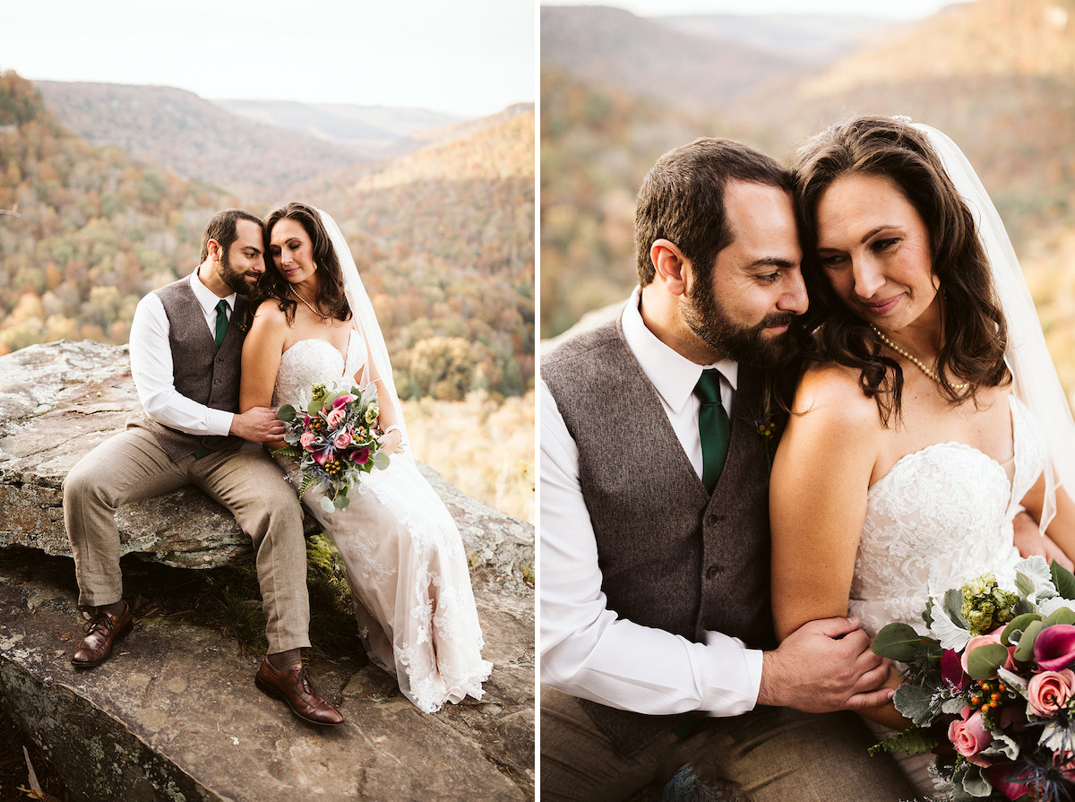 groom and bride cuddle on large rocks overlooking a large canyon at Fall Creek Falls State Park in Tennessee