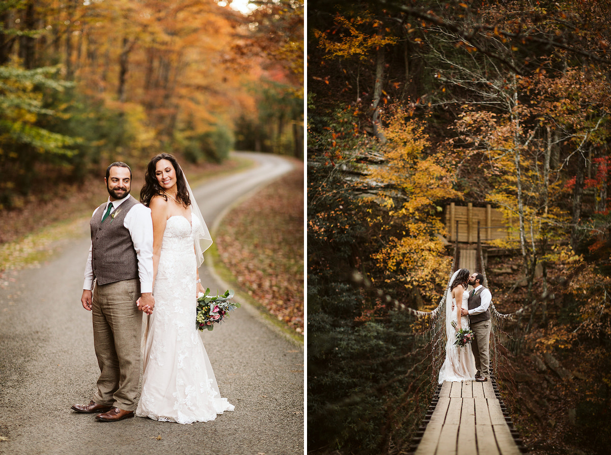 bride and groom kiss on a wood and wire suspension bridge at Fall Creek Falls State Park in Tennessee.