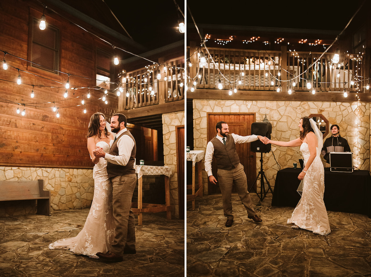 Bride and groom laugh during first dance under white string patio lights