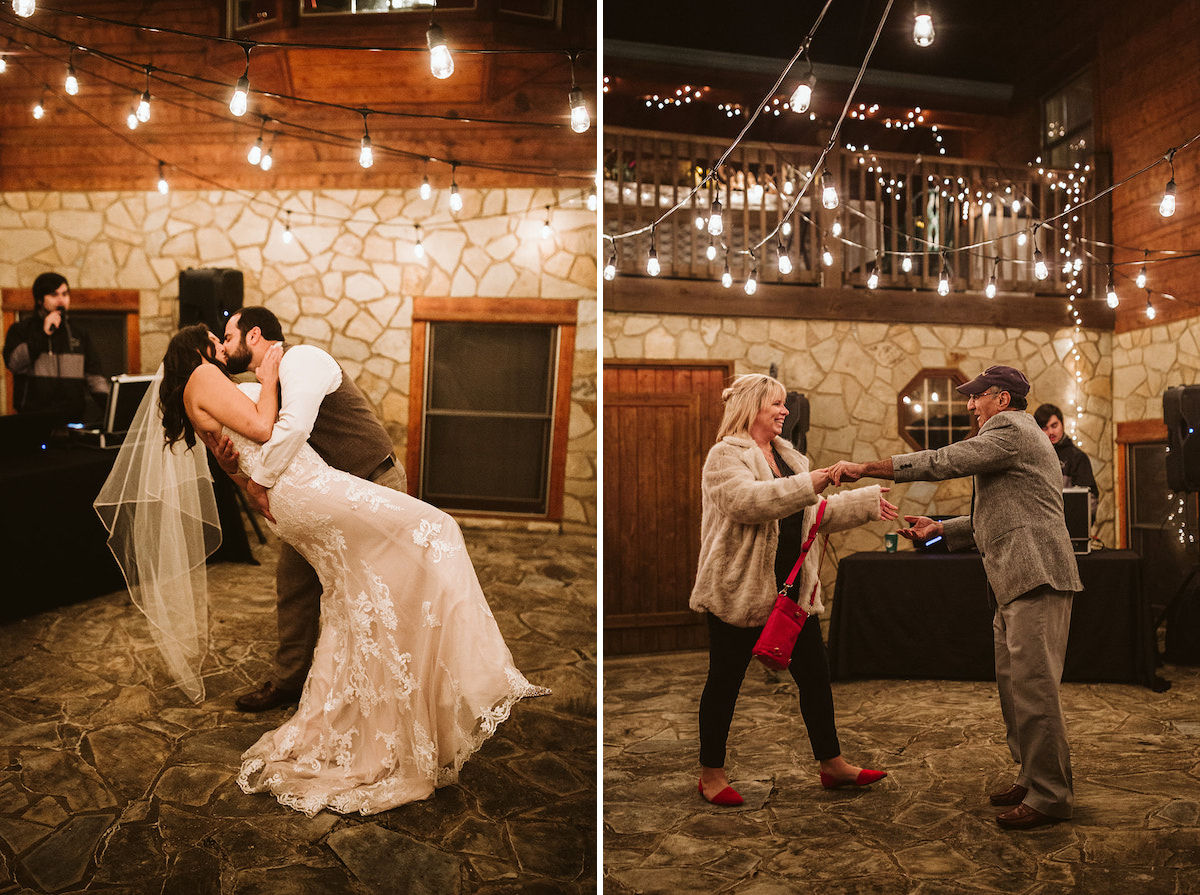 Bride and groom dance on stone patio under string white lights