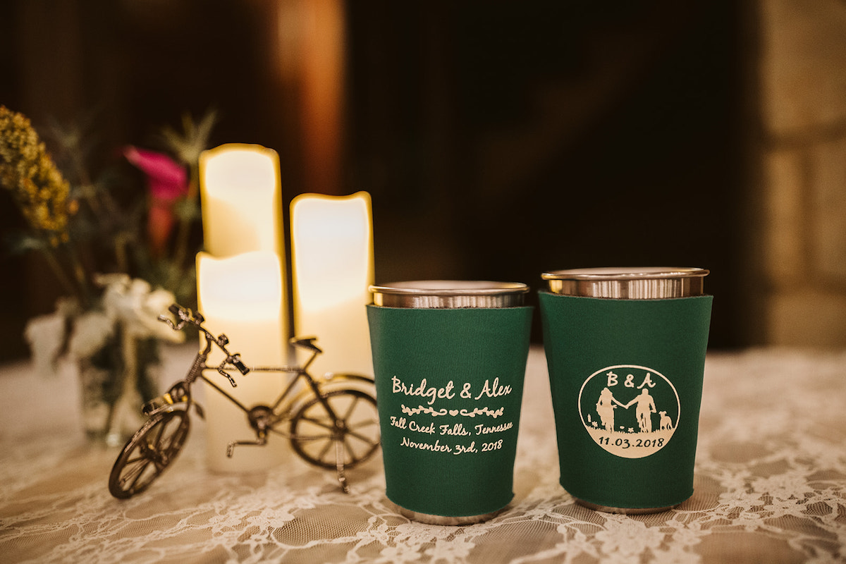 custom green koozies with bride and groom message