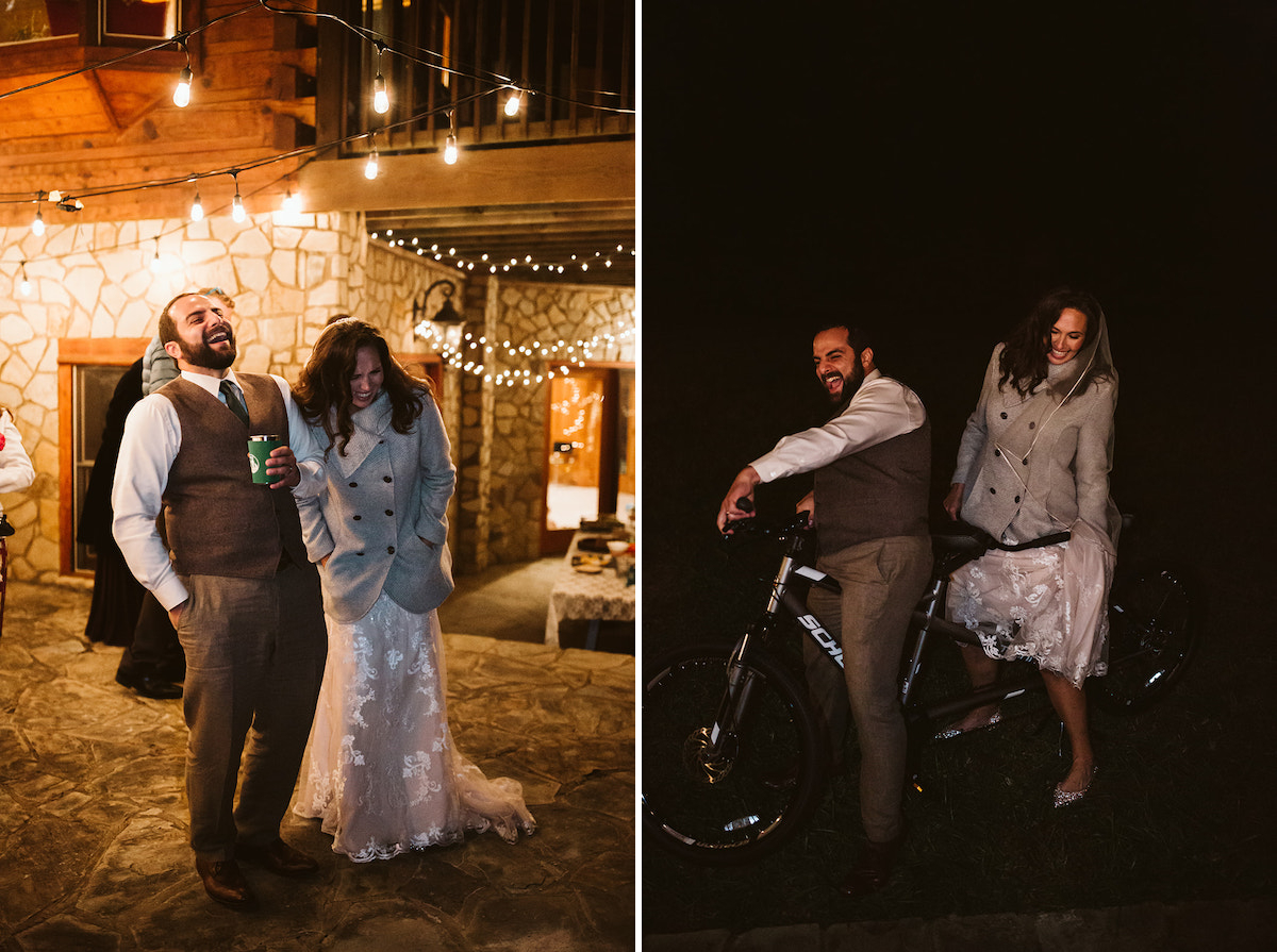 bride and groom stand astride tandem bicycle