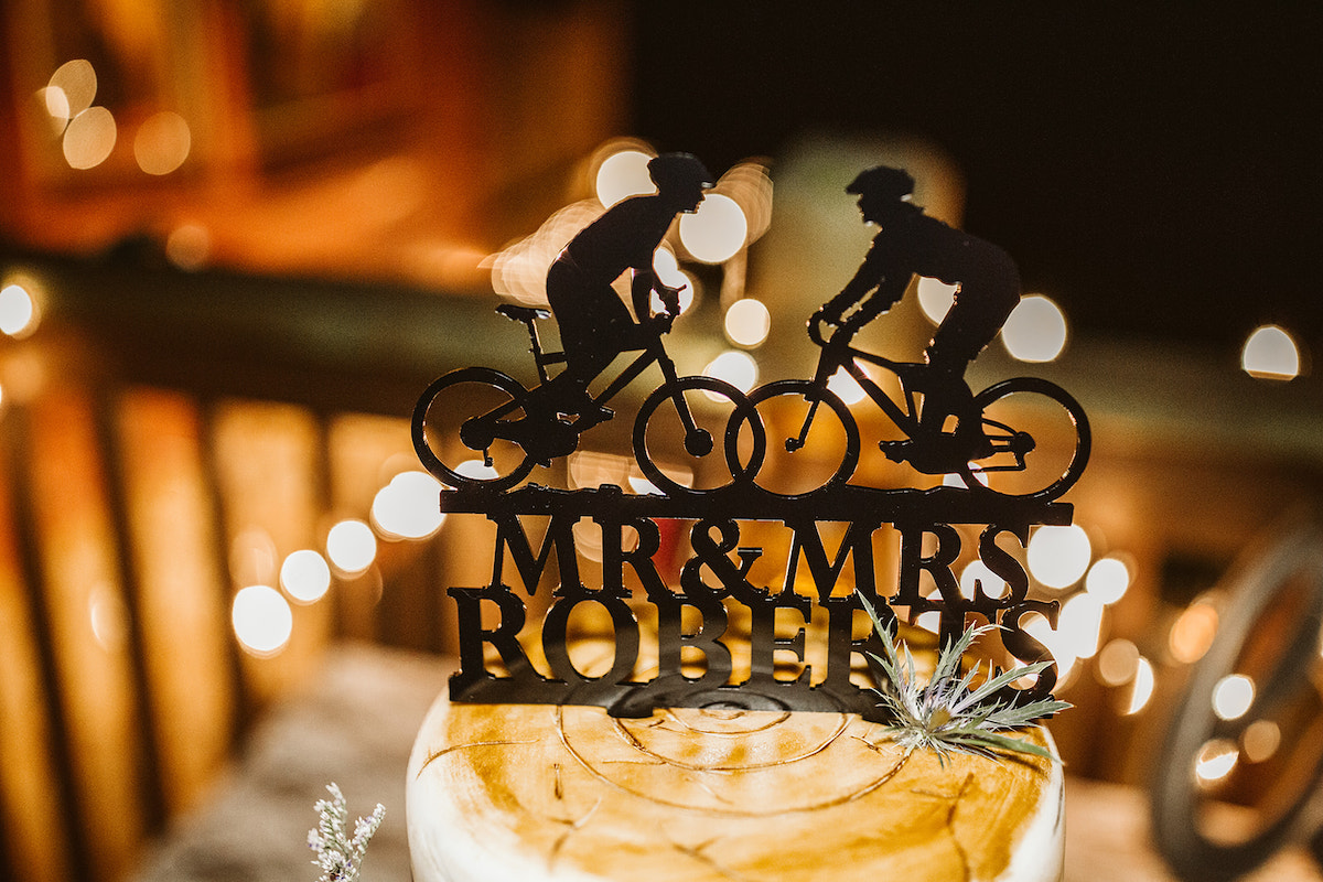 wedding cake decorated to look like birch tree topped with silhouette of two bike riders