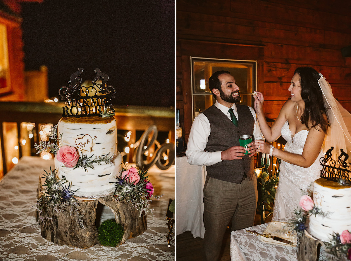 wedding cake decorated to look like birch tree topped with silhouette of two bike riders