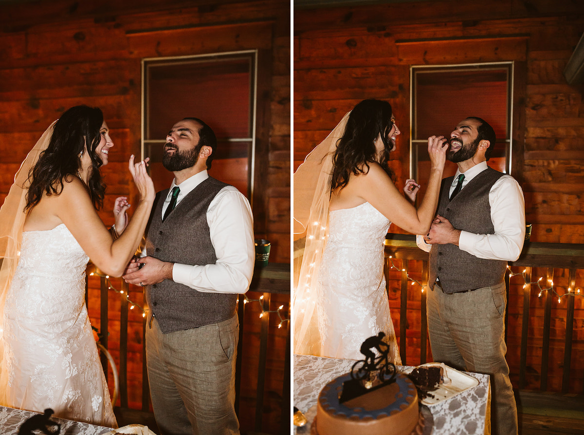 bride feeds groom chocolate cake