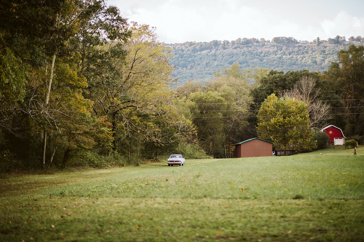 antique baby blue Ford pickup truck in a grassy field surrounded by trees with a barn in the background