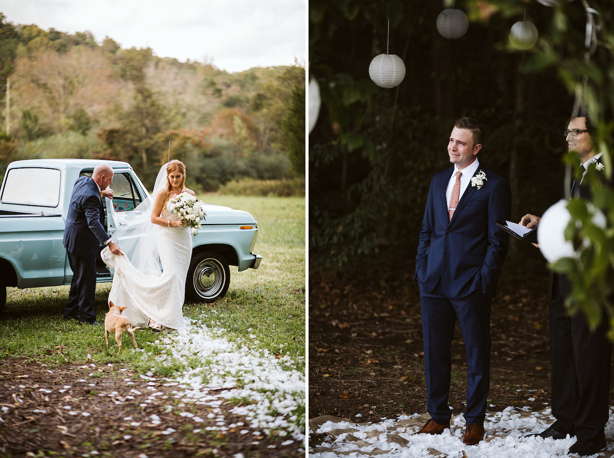 bride's father holds the train of her wedding dress as he helps her out of a baby blue Ford F-100 pickup truck into a grassy field