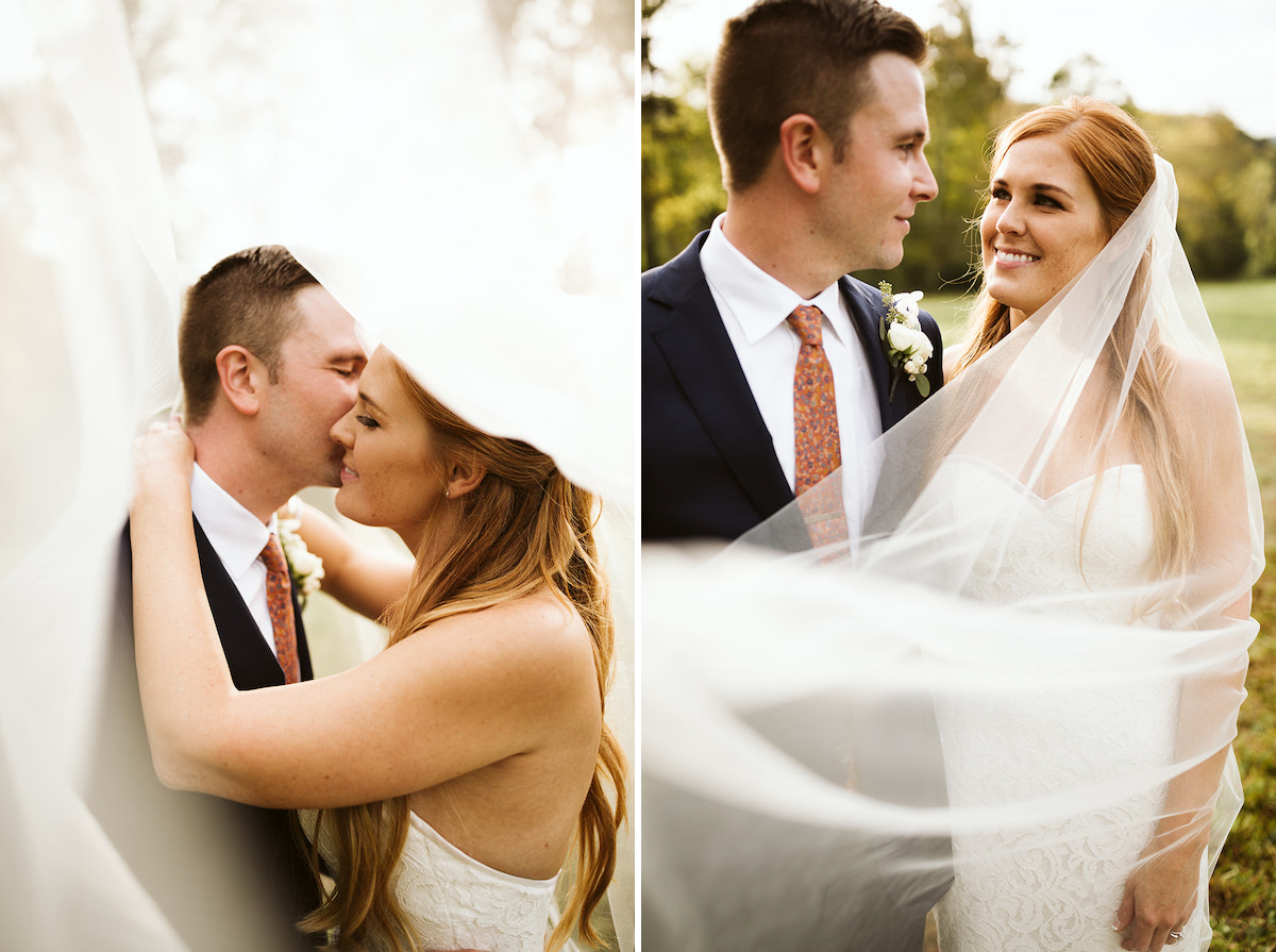 bride and groom hug and he kisses her cheek as her veil swirls around them