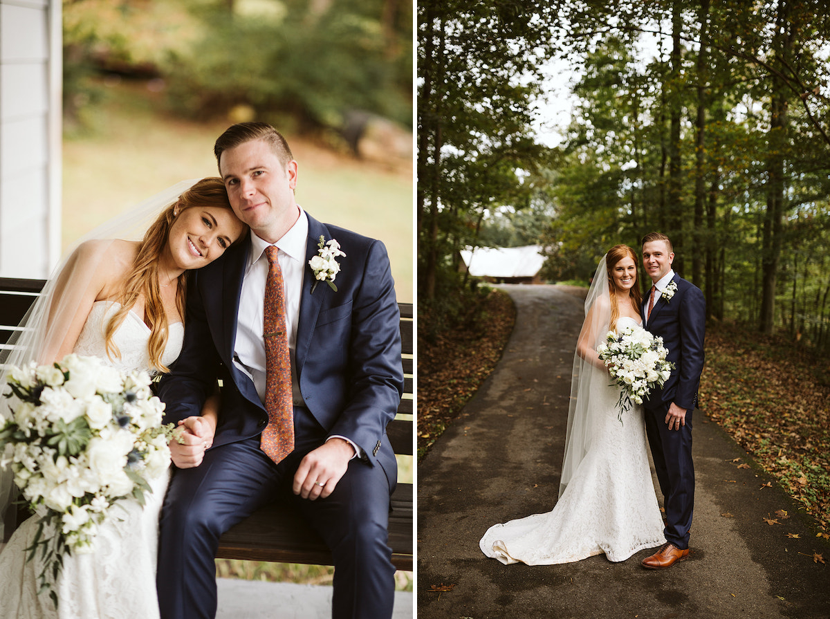 bride rests her head on groom's shoulder as they sit together on a wooden porch swing