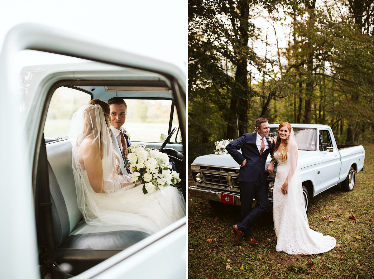 Bride and groom stand leaning against the hood of a light blue antique Ford pickup truck in a field