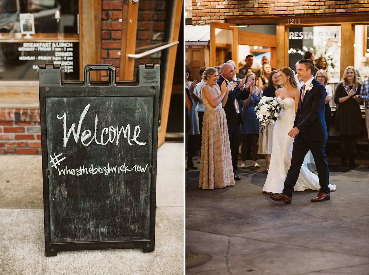 Bride and groom walk onto the patio at The Daily Ration for their wedding reception. Guests cheer and clap.