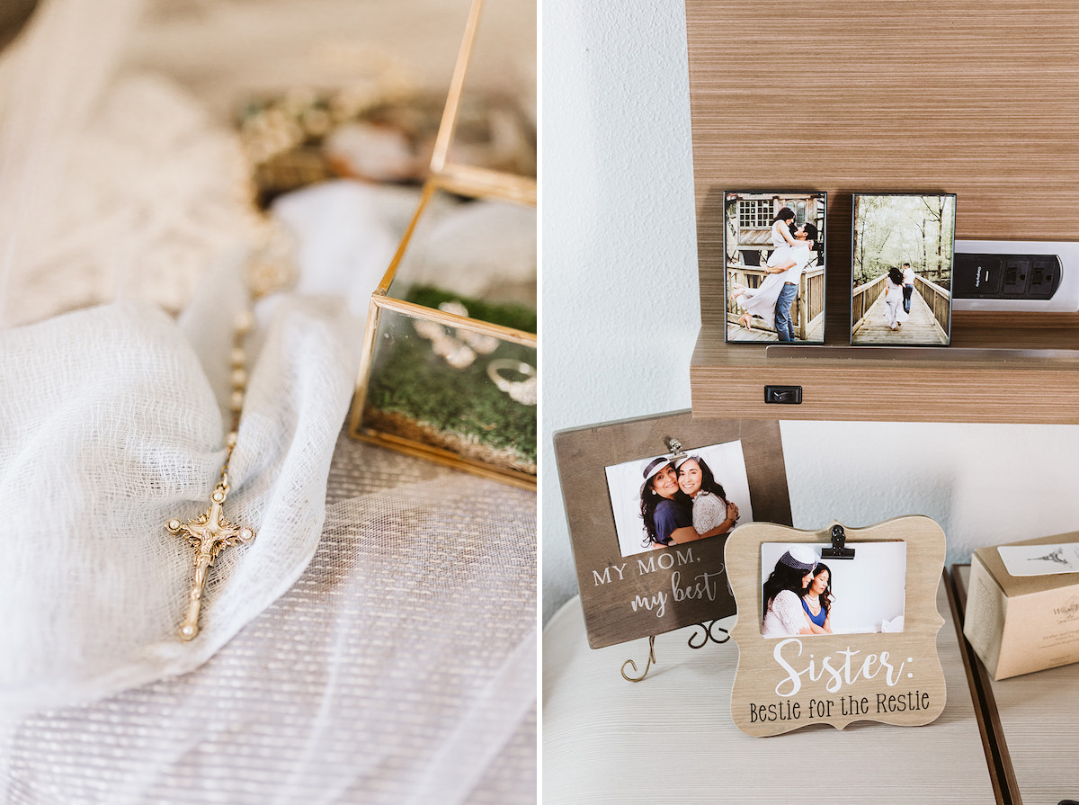 framed photos of bride and groom, bride and mother, and bride and sister on a shelf