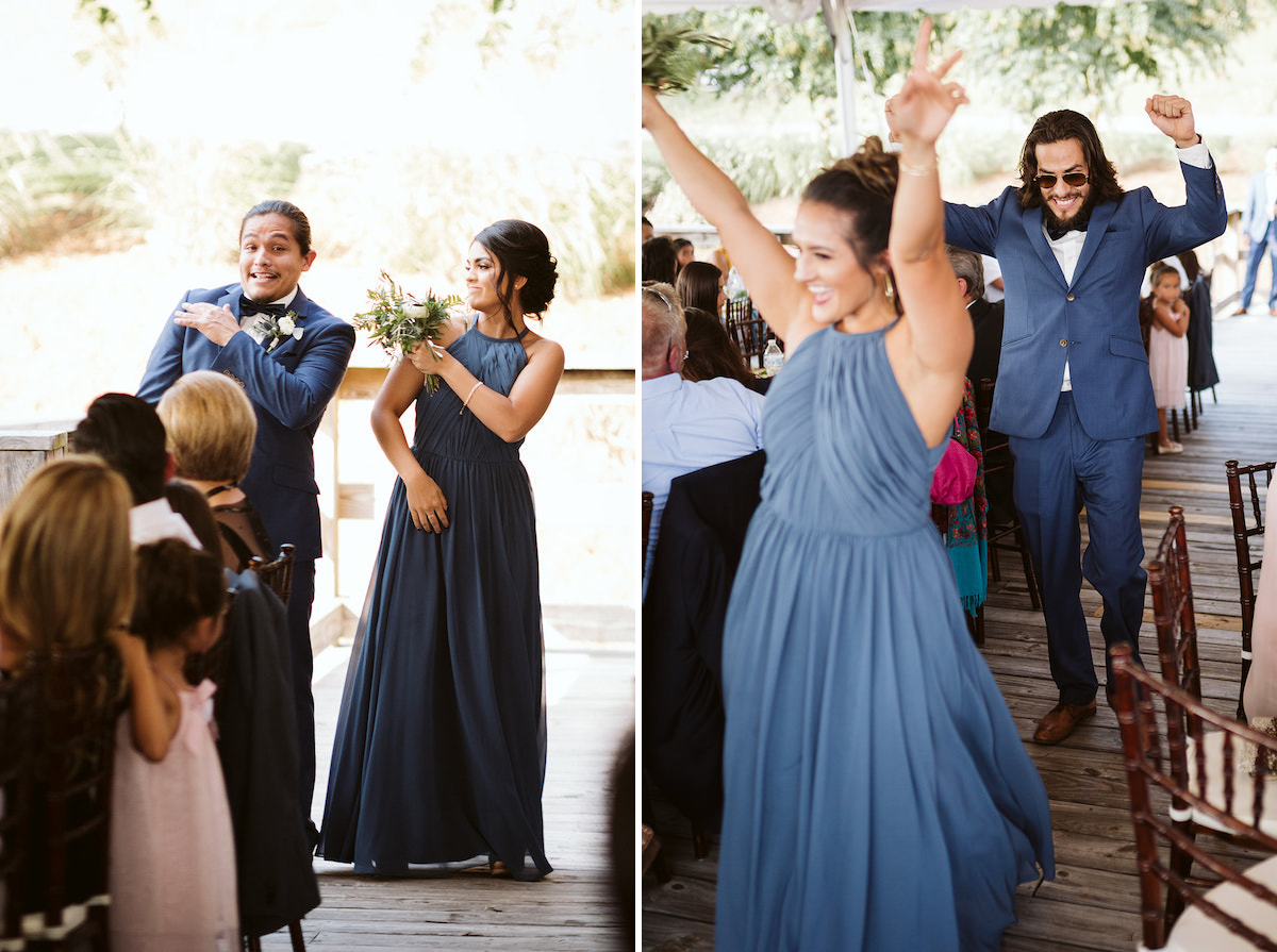 bridesmaid and groomsman in cornflower blue suit and dress walk between tables and chairs